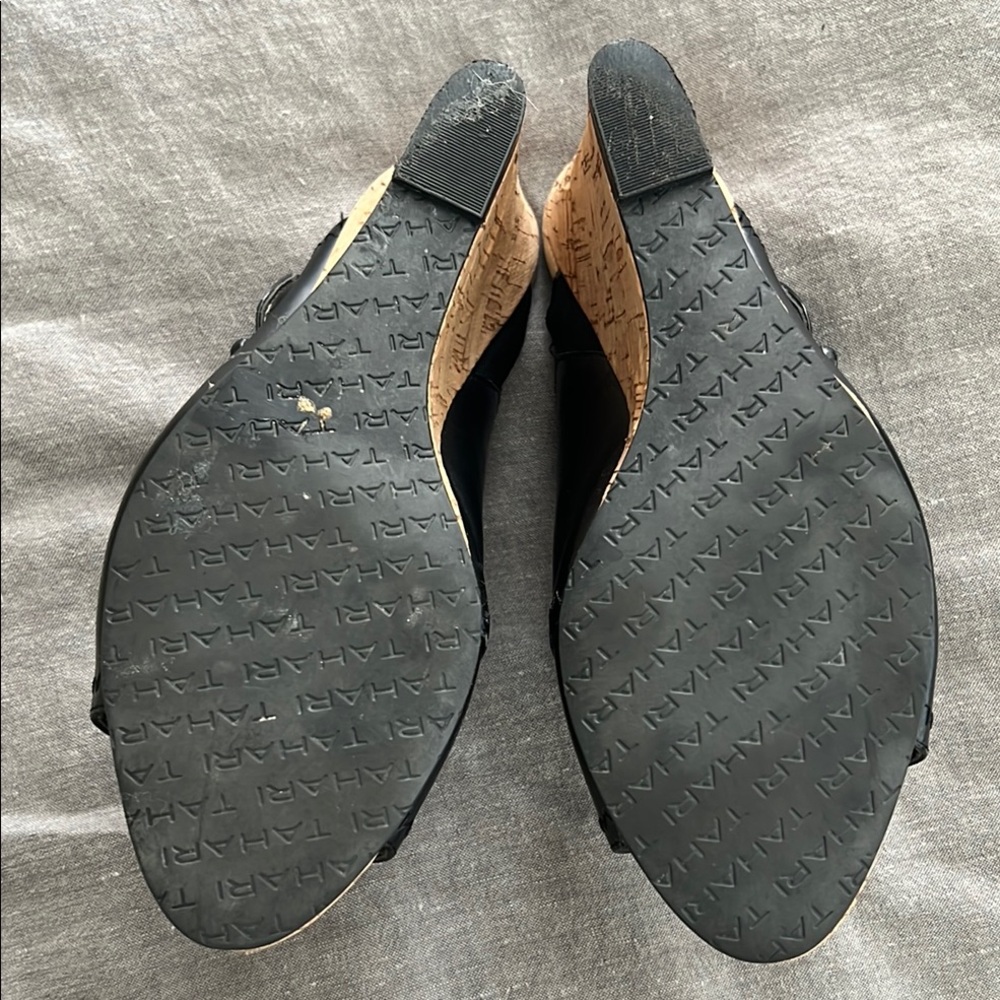 Tahari Black and Tan Wedge Sandals with Decorative Buckle - Picture 6 of 6